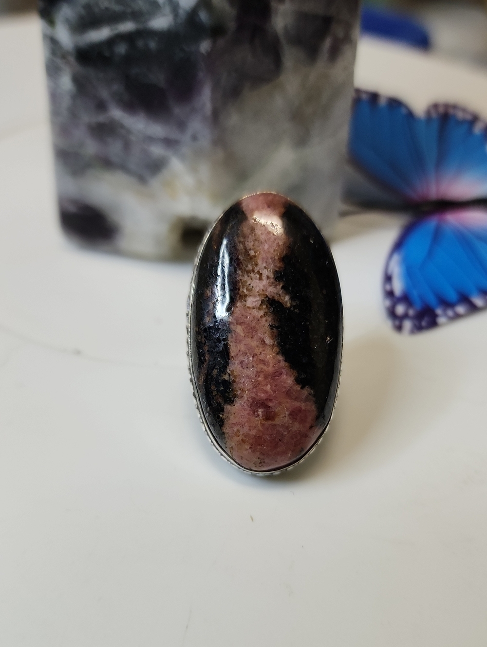 Rhodonite Oval Statement Ring in Pink and Black